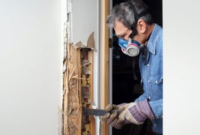 Man prying sheetrock and wood damaged by termite infestation in house.